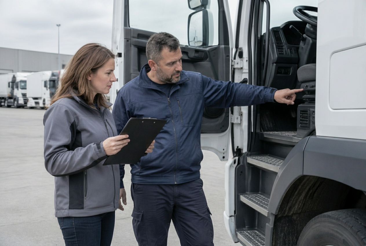 Fahrer und Disponentin bei der Fahrzeugeinweisung auf einem Logistikhof – illustrative Szene